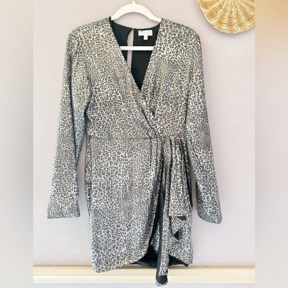 Ronny Kobo‎ Jerry Leopard Print Dress Metallic Silver Size Small